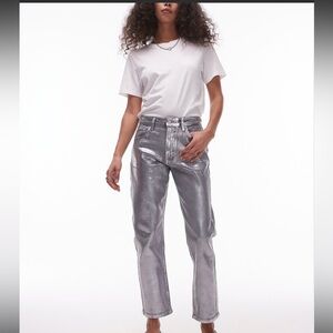 Topshop Silver Foil Straight Crop Jeans Statement Metallic Festival Y2K